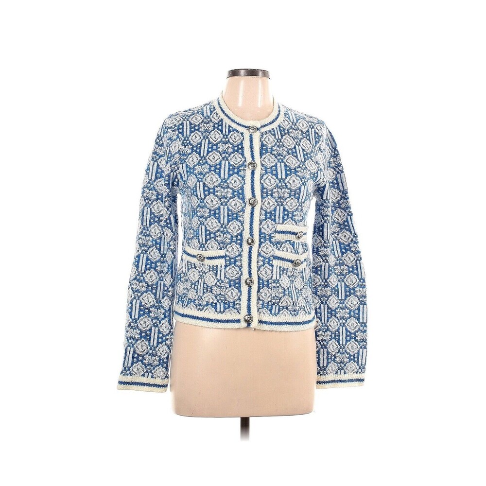 MAJE Melance Blue White Geometric Patterned Cardigan Jacket - 3 (Large)